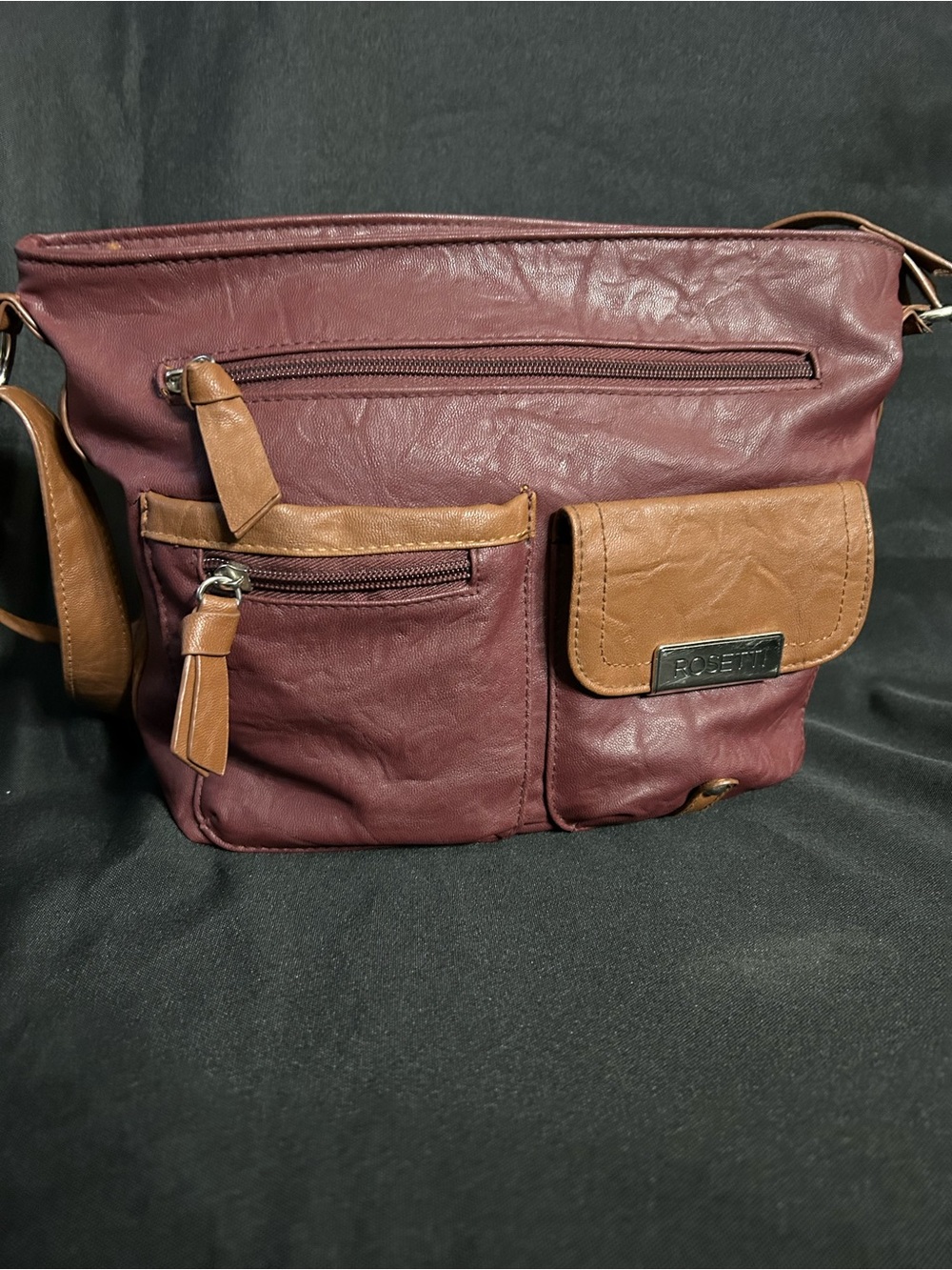Rosetti Women’s Soft Leather Burgundy & Tan Multi-Pocket Hobo Satchel Bag Purse